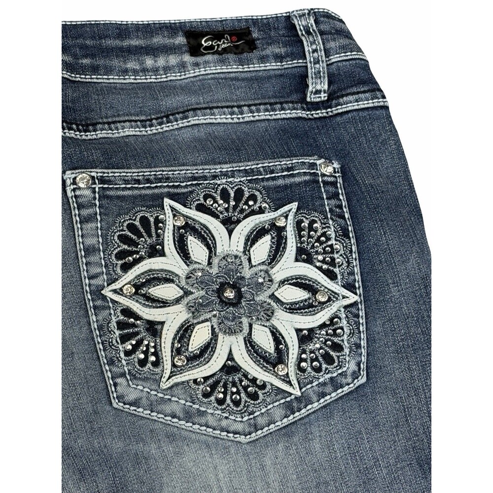 Earl Jean Women's Blue Denim Embroidered Floral Pocket Rhinestone Jeans 16W X 33